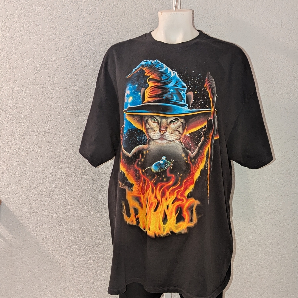 Meowlock Adult Halloween Cat Witch Wizard Warlock Cauldron Black T-Shirt XXL